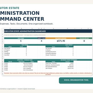 May include: An Executor Estate Administration Command Center digital workbook featuring an Excel dashboard. The interface displays columns for open tasks, assets, recorded expenses, and follow-ups, with detailed status tables and financial movement metrics.