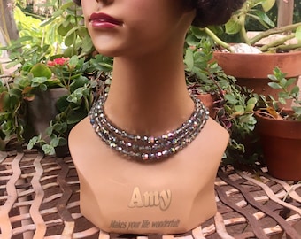 Vintage Iridescent Triple Strand Choker, Smoky 60s Necklace