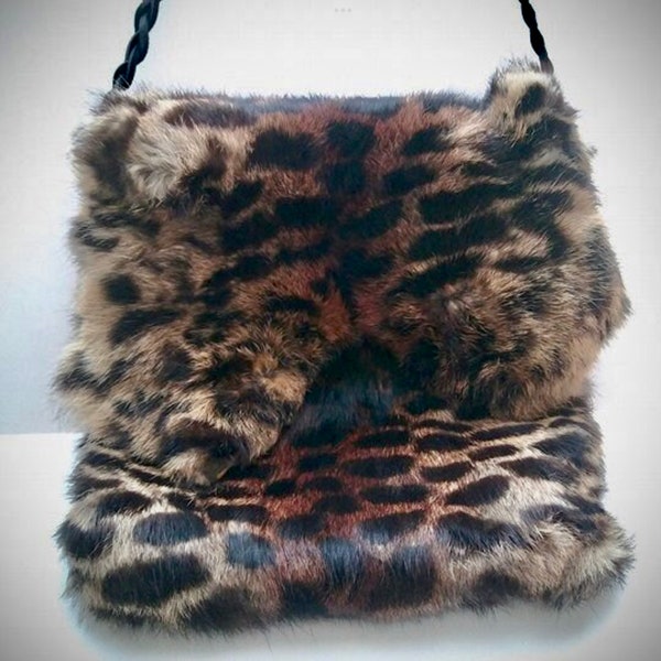 Vintage 60’s 70’s Leopard Print Rabbit Fur Shoulder Strap Purse, Messenger Bag. Cool Exterior. Clean Interior. Dope!