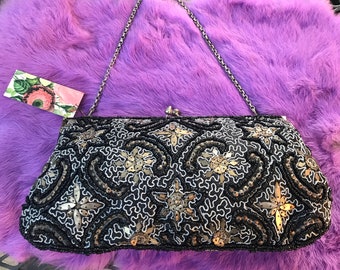 Lavishly Beaded Metallic Sequined Retro Mod Evening Bag Ultra Clean Interior, Great Hardware, ROCK n ROLL!