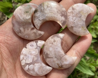 10pcs Natural Cherry Blossom Agate Moon,Quartz Crystal Moon,Crystal Carving,Crystal chakra,Mineral Specimen,Crystal Heal,Crystal Gifts
