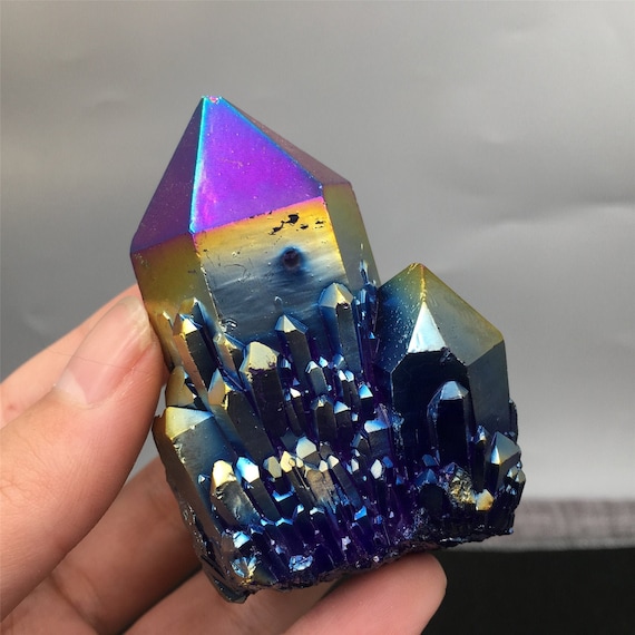 Natural Aura Rainbow Titanium Quartz Crystal Cluster Mineral Specimen Healing 