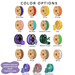 Peut inclure: Pr&eacute;sentation de diff&eacute;rentes couleurs de filaments pour l'impression 3D : Bleu fonc&eacute;, Rouge, Jaune, Orange, Rose, Bleu ciel, Vert d'eau, Or, Violet, Lavande, Vert m&eacute;tallis&eacute;, Vert citron, Marron, Beige, Gris et Blanc. Le texte "COLOR OPTIONS" est en haut.