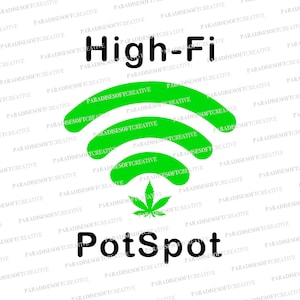 Puede incluir: Gráfico con las palabras "High-Fi" y "PotSpot" en texto negro. El diseño incluye una hoja de cannabis verde y tres líneas curvas verdes, que se asemejan a un símbolo Wi-Fi, sobre un fondo blanco.