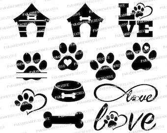 Bundle Dog Paw Print SVG, Pet Paw SVG, Dog Lover SVG - Cat Paw Print, Animal Paw svg, Puppy svg, Heart Paw print, Dog bone svg, Dog house