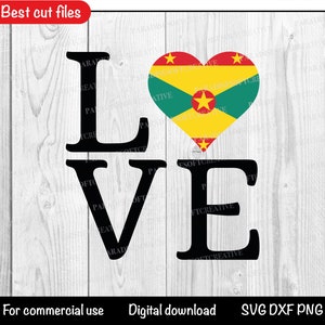 May include: Black and white "LOVE" text with a heart-shaped graphic of the Grenada flag in the center. The flag is yellow, green, and red with a star in the center.