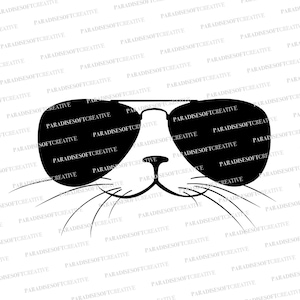 May include: A black and white illustration of a cat wearing sunglasses. The cat's nose and whiskers are visible.
