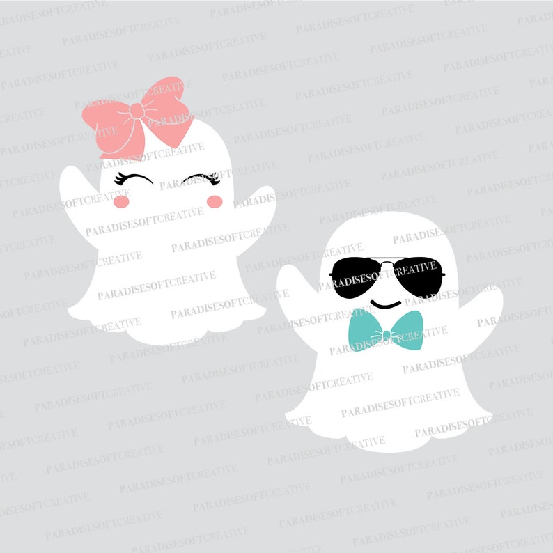 May include: Two white ghost illustrations with cartoon features. One ghost has a pink bow and the other has black sunglasses and a turquoise bow tie.