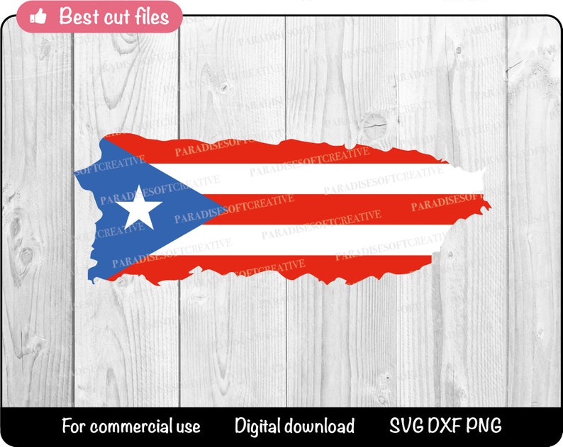 May include: A red, white, and blue outline of the island of Puerto Rico. The outline is filled with the Puerto Rican flag colors, red, white, and blue. The flag has a white five-pointed star in the center of the blue triangle.