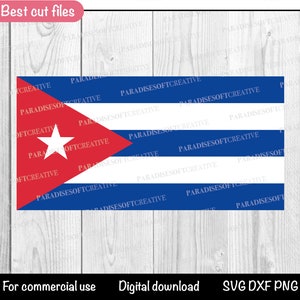 以下が含まれることがあります： SVG、DXF、PNG 形式のキューバ国旗のデザインをデジタルダウンロードできます。旗は赤、白、青で、ホスト側に青い三角形があり、三角形の真ん中に白い五芒星があります。