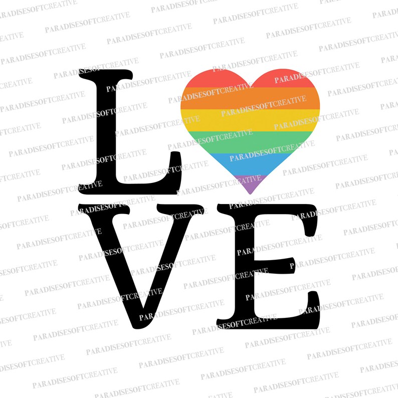May include: Black and white graphic of the word "LOVE" with a rainbow heart in the center of the "O".