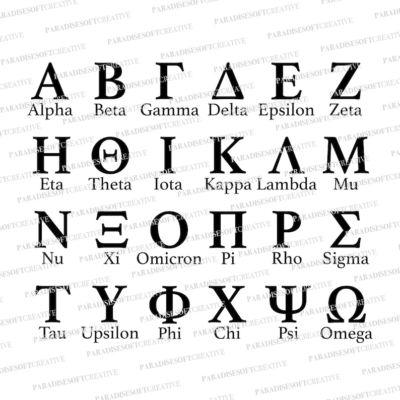 May include: Black and white image of the Greek alphabet. Each letter is displayed with its corresponding English name below it. The letters are in uppercase and are in a simple, bold font.