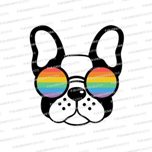 May include: A black and white illustration of a French bulldog wearing rainbow-colored sunglasses. The sunglasses have a red, orange, yellow, green, blue, indigo, and violet color scheme.