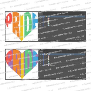 Op de afbeelding: Een hartvormig ontwerp gemaakt van het woord "PRIDE" in regenboogkleuren. De letters zijn op elkaar gelegd, waardoor een gelaagd effect ontstaat. Het hart bevindt zich op een witte achtergrond.