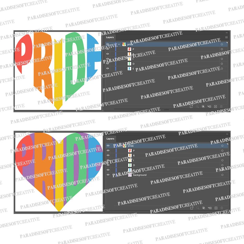 Op de afbeelding: Een hartvormig ontwerp gemaakt van het woord "PRIDE" in regenboogkleuren. De letters zijn op elkaar gelegd, waardoor een gelaagd effect ontstaat. Het hart bevindt zich op een witte achtergrond.