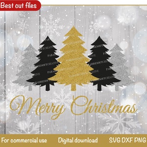 May include: A digital download of three Christmas trees in gold, silver, and black glitter on a woodgrain background with the text "Merry Christmas".