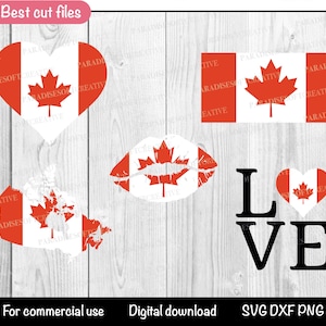 Puede incluir: Un conjunto de cinco archivos de corte digital que presentan la bandera canadiense en diferentes formas, incluyendo un corazón, labios y un mapa de Canadá. El texto "LOVE" también está incluido en el diseño. Los archivos son para uso comercial y están disponibles en formatos SVG, DXF y PNG.
