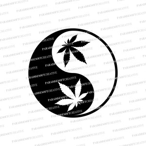 May include: Black and white yin yang symbol with a marijuana leaf in each half. The leaf in the white half is white and the leaf in the black half is black.