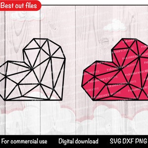 May include: Two geometric heart designs, one in black outline and one filled in with pink. The designs are on a white woodgrain background.