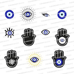 May include: A set of nine digital illustrations featuring the evil eye symbol in various styles. The evil eye is a symbol of protection against negative energy and is often used in jewelry and home decor. The illustrations include the evil eye in a circle, with a starburst, and within a hand.