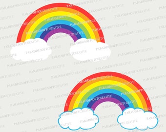 May include: Two colorful rainbow graphics with red, orange, yellow, green, blue, and purple arches. Each rainbow has white fluffy clouds at the bottom. The text "PARADISESOFTCREATIVE" is watermarked across the image.