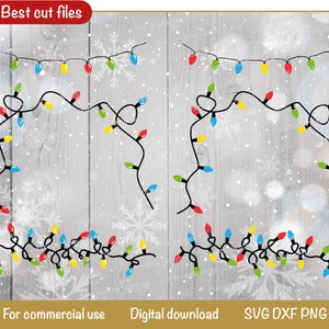 May include: A digital download of four different designs of Christmas lights, featuring a string of lights with red, yellow, blue, and green bulbs. The lights are on a white background with a wood grain texture and snowflakes.
