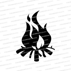 May include: Black silhouette of a campfire with flames rising above a pile of logs. The flames are stylized and have a pointed shape.