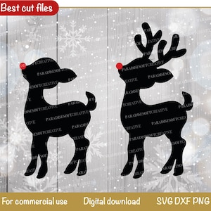 May include: Two black silhouette reindeer with red noses against a white and gray background with snowflakes. The reindeer are facing different directions. The text "Best cut files" is at the top of the image. The text "For commercial use" is at the bottom left of the image. The text "Digital download SVG DXF PNG" is at the bottom right of the image.