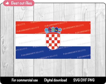 Può includere: Un file digitale con il design della bandiera croata. La bandiera ha tre strisce orizzontali in rosso, bianco e blu, con lo stemma croato al centro. L'immagine include il testo "Best cut files", "For commercial use", "Digital download" e "SVG DXF PNG".