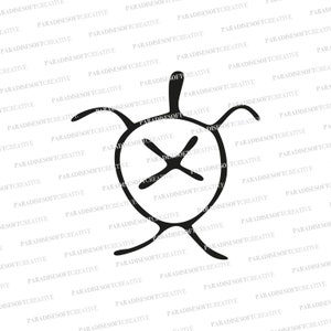 Op de afbeelding: Zwart-wit grafische afbeelding van een schildpad met een kruis in een cirkel. De schildpad heeft een gestileerd ontwerp met een afgerond lichaam, vier vinachtige aanhangsels en een kop met een kleine, gebogen verlenging. Het ontwerp wordt herhaald.