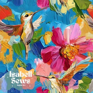 Può includere: Stampa d'arte digitale colorata con due colibrì e fiori vibranti. L'opera d'arte utilizza spessi tratti di pennello nei toni del blu, rosa, giallo e arancione. Il testo "Isabell Sews Digital Art" è in basso a sinistra.