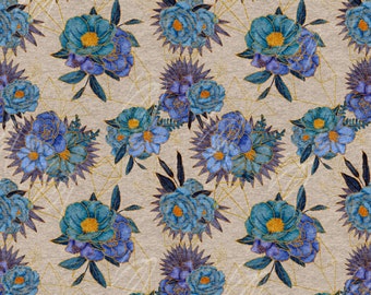 以下が含まれることがあります： ベージュの背景に、金色のアクセントが施された青と紫の花が描かれたシームレスなパターン。花は繰り返しパターンで配置され、繊細でエレガントなデザインを生み出しています。