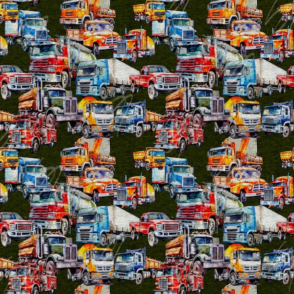 Truckin Along green, seamless pattern, cement truck, dump truck, tanker truck, pickup truck, watercolor truck, crane, semi truck, fire truck