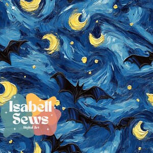Peut inclure: Un motif de tissu créé numériquement représentant un ciel nocturne bleu foncé tourbillonnant avec des croissants de lune et des étoiles jaunes. Des silhouettes de chauves-souris noires sont dispersées dans le motif. Le texte "Isabell Sews Digital Art" est en bas à gauche.