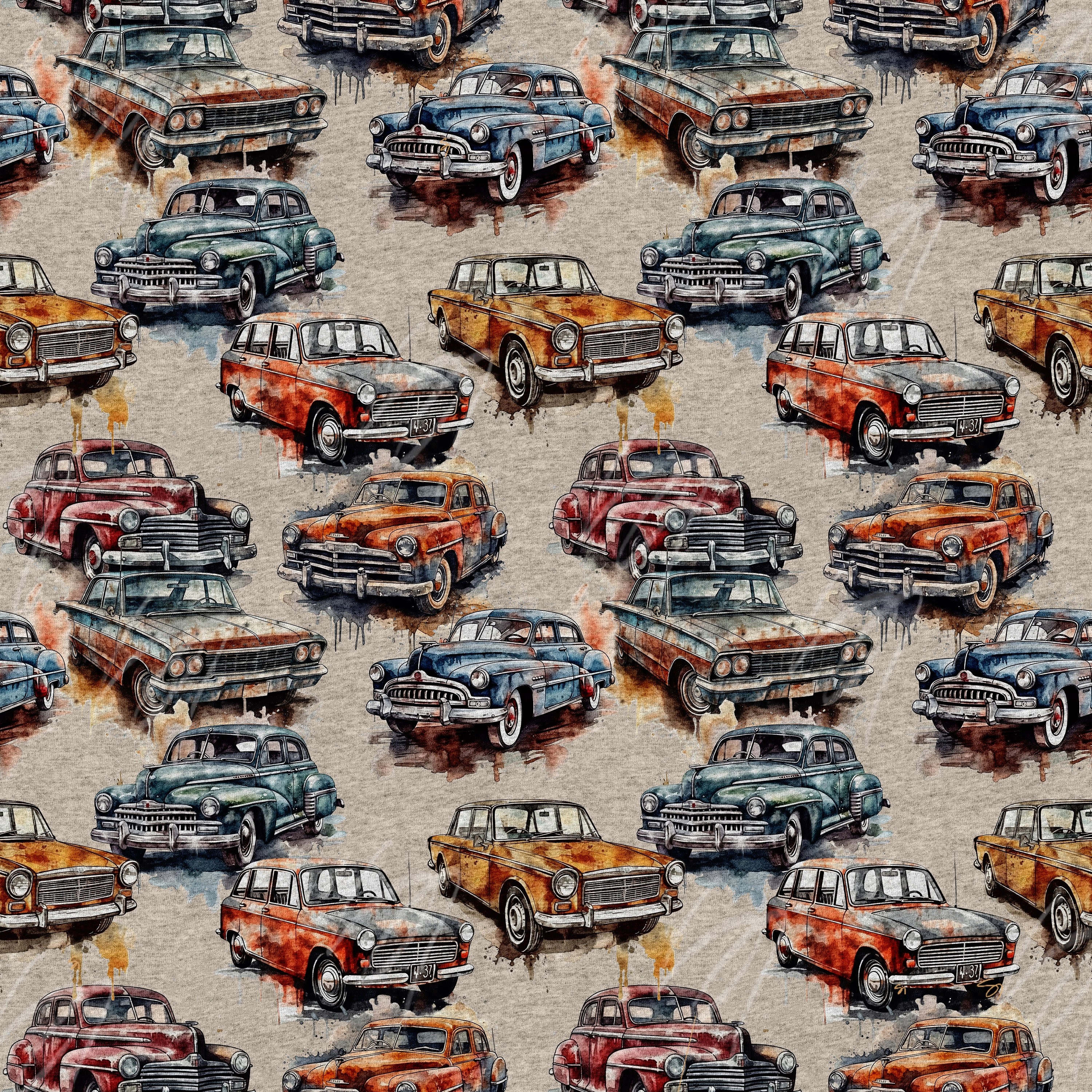 Modèle sans couture de voitures classiques, fichier sans couture, voiture orange, voiture bleue, aquarelle, fond beige, voiture rouge, vieille voiture