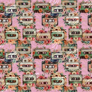 Pink Mixtapes, watercolor seamless pattern, cassette tapes, flowers, heathered, bubblegum, background