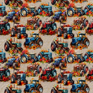 May include: A seamless pattern featuring vintage tractors in various shades of blue, red, and green, surrounded by colourful flowers and foliage. The tractors are depicted in a watercolour style, creating a rustic and charming aesthetic.