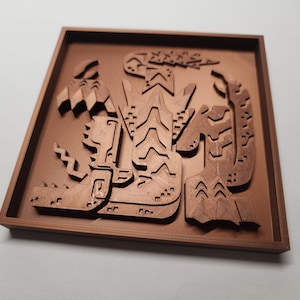 May include: A brown 3D printed square plaque with a detailed design of a mythical creature. The creature is depicted in a stylized, almost abstract, form with intricate patterns and textures.