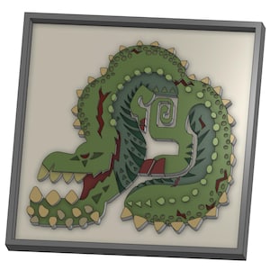 Può includere: Un mostro verde e marrone con denti e artigli affilati è rannicchiato in posizione difensiva. Il mostro è incorniciato in una cornice quadrata grigia.