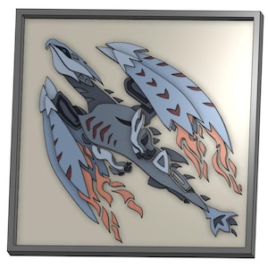 May include: A framed illustration of a blue and red dragon with wings spread wide. The dragon is in a flying pose with its head turned to the side. The background is a light beige color.