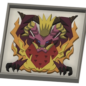 May include: A 3D printed wall art piece featuring a fiery, red, and yellow monster with a crown. The monster has sharp teeth and claws, and is surrounded by flames.