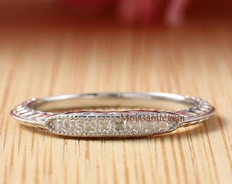 Vintage Dainty Wedding Ring, Princess Shape Moissanite Ring, Knife Edge Shank Ring, Filigree Ring, Minimalist Milgrain Ring, 925 Silver Ring