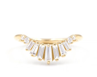 Baguette Cut Moissanite Wedding Band Elegant Curved Anniversary Band 14K Solid Yellow Gold Women&#39;s Matching Band-Gift For Women