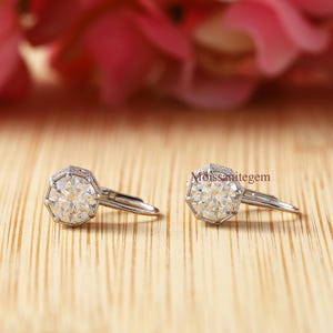 Art Deco Dangle Earrings, Round Solitaire Lever back Earrings, 14k Gold Moissanite Earring, Vintage Art Deco Antique Bezel Set Earring