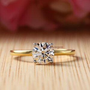 Solitaire Wedding Ring, Round Cut Moissanite Ring, Prong Set Ring, Graduation Gift Ring, Propose Ring-For Her, 925 Silver Yellow Plated Ring