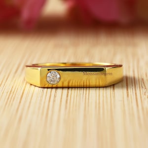 Flat Rectangle Signet Wedding Ring, Offset Engagement Ring, Round Cut Moissanite Ring, 18k Solid Gold Ring, Flush Band Ring, Solitaire Ring