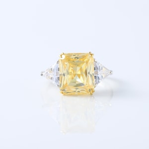 2.5 CT Cushion Cut Canary Yellow Moissanite Ring, Three Stone Engagement Ring, Trillion Wedding Ring, Propose Ring for Women, 14K Gold Ring
