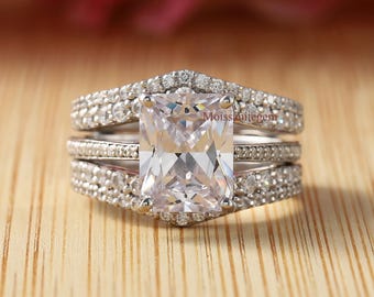 Enhancer Wedding Ringset, Radiant & Round Cut Moissanite Ring, Bridal Engagement Ring, Five Row Pinched Shank Ring, WeddingGift Ring-For Her
