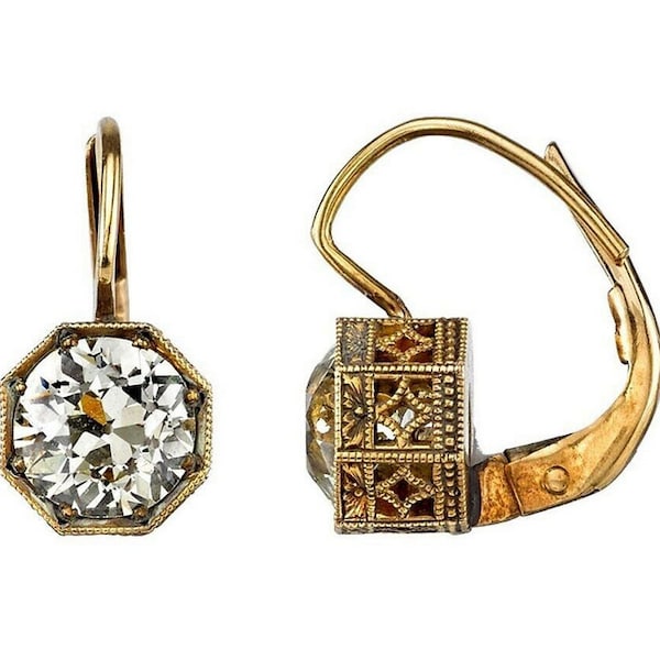 Art Deco Dangle Earrings, Round Solitaire Leverback Earrings, 14k Gold Moissanite Earring, Vintage Art Deco Antique Bezel Set Earring's