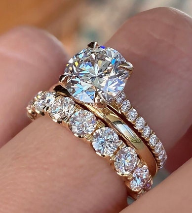 Trio Wedding Set, Solitaire With Accent Engagement Ring, Round Cut Moissanite Ring, Plain with Full Eternity Ring, 14K Gold Ring Set-For Her